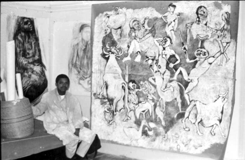 Dumile working on his major work "African Guernica, 1967"