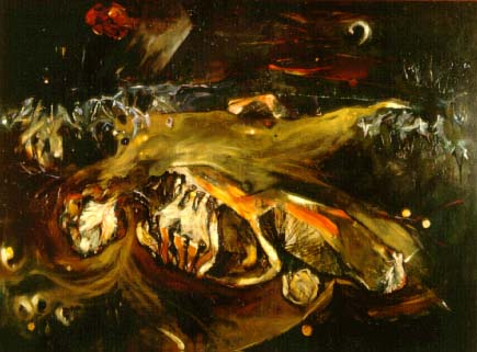 Judith MASON "The body on the beach in a dark night", 1966 - oil/board - 86x117 cm (PELMAMA)