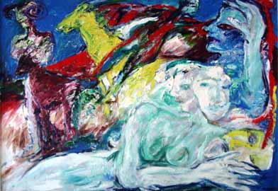 Maggie Dunbar VAN WEZEL "Cooling the muse", 1987 - oil on canvas - 89x129 cm - PELMAMA (Agranat Bequest)