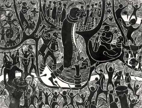 Lucas MALEMANE "She is haunted by her ancestors", 1978 - linocut (masonite print) - A/P (ed. 30) - 40x52 cm (PELMAMA) THF