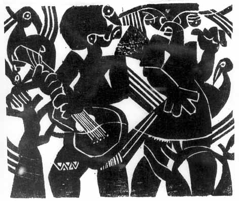 Isaac 'NKOANA "Guitarist", 1976 - woodcut 9/20 - 12x14 cm (PELMAMA)