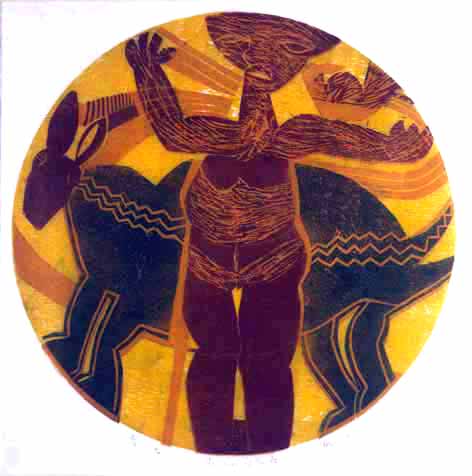 Isaac 'NKOANA "The year of the ass", 1976 - col. woodcut 3/4 - 35x35 cm (PELMAMA)