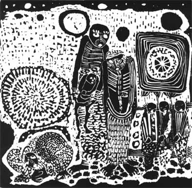 Dan RAKGOATHE "Mystical happening", 1972 - original linocut 7/20 - 31x31 cm (PELMAMA)