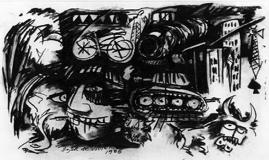 Izak DE VILLIERS "Ystervis", 1985 - charcoal - 052x087 cm (PELMAMA) ©THF