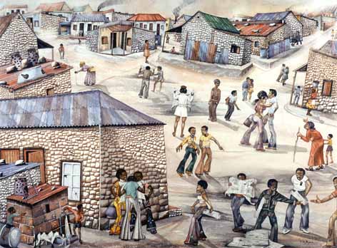 P. David MOGANO "Matric results in township", 1975 - watercolour - 53x71 cm (PELMAMA)