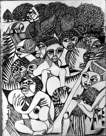 Valente MALANGATANA "Africa", 1981 - pen and ink on paper - 37x28.5 cm (PELMAMA)